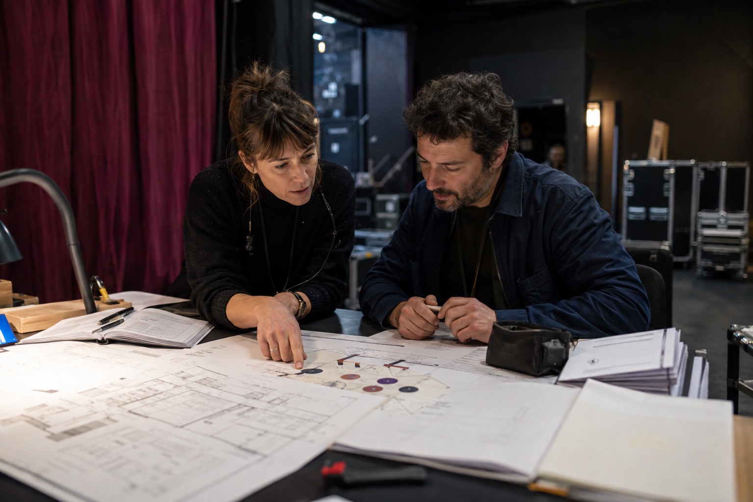 Coulisses d’une salle avec repères graphiques évoquant les flux