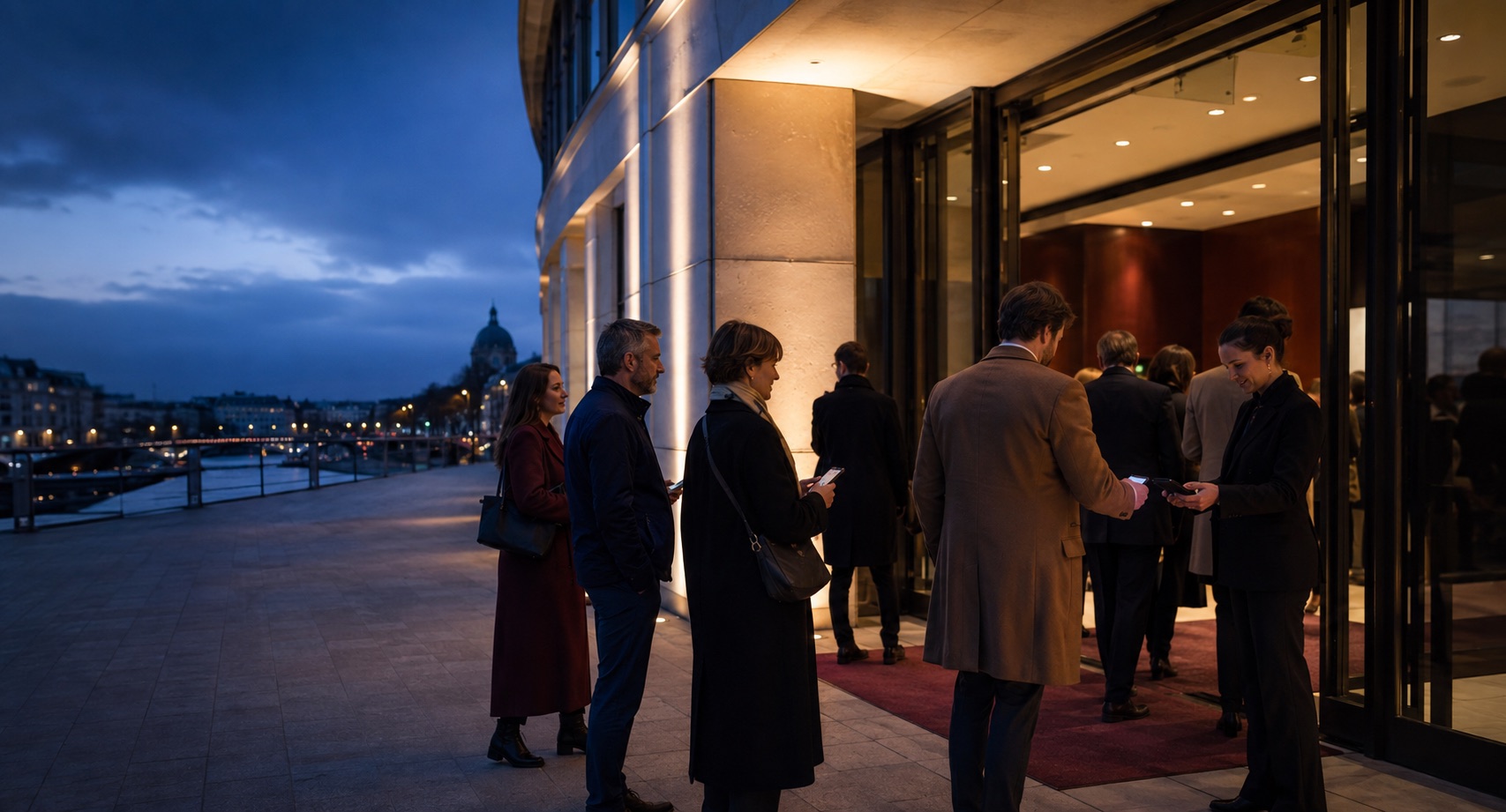 Public entrant dans une salle de spectacle contemporaine